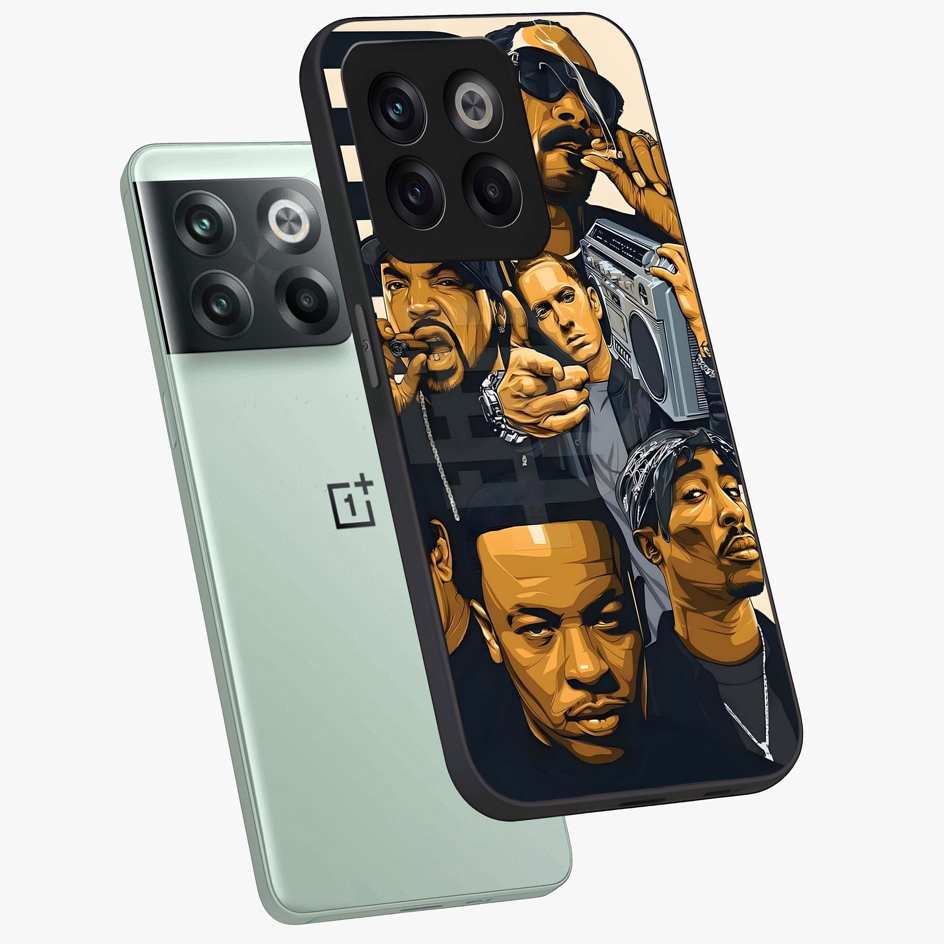 Urban Rap Legends Glass Case for 1+10T angled mockup showcasing glossy finish and edgy urban detailing