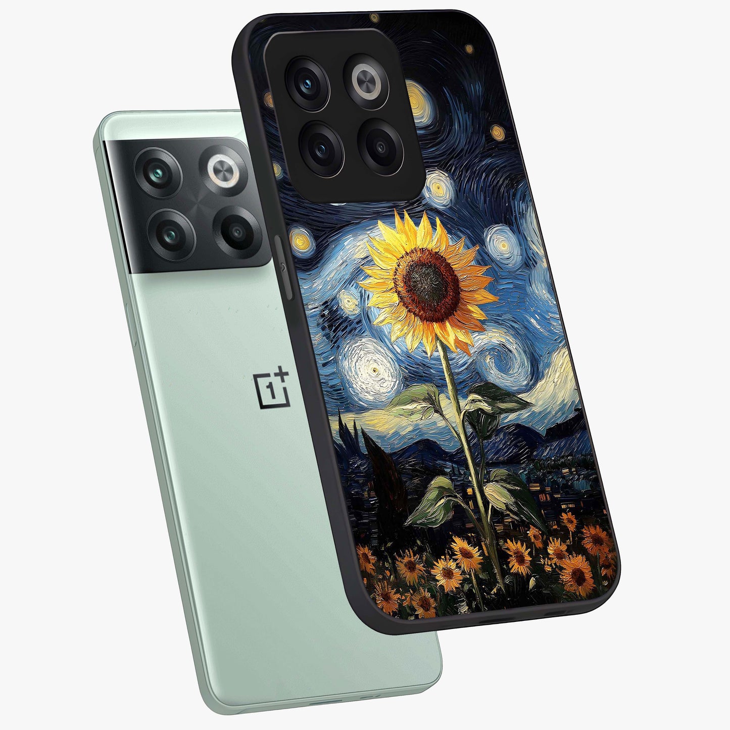 Van Gogh Sunflower Glass Case for 1+10T angled mockup showcasing glossy finish and bold yellow tones