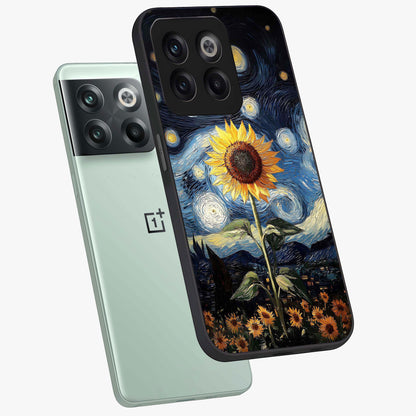 Van Gogh Sunflower Glass Case for 1+10T angled mockup showcasing glossy finish and bold yellow tones