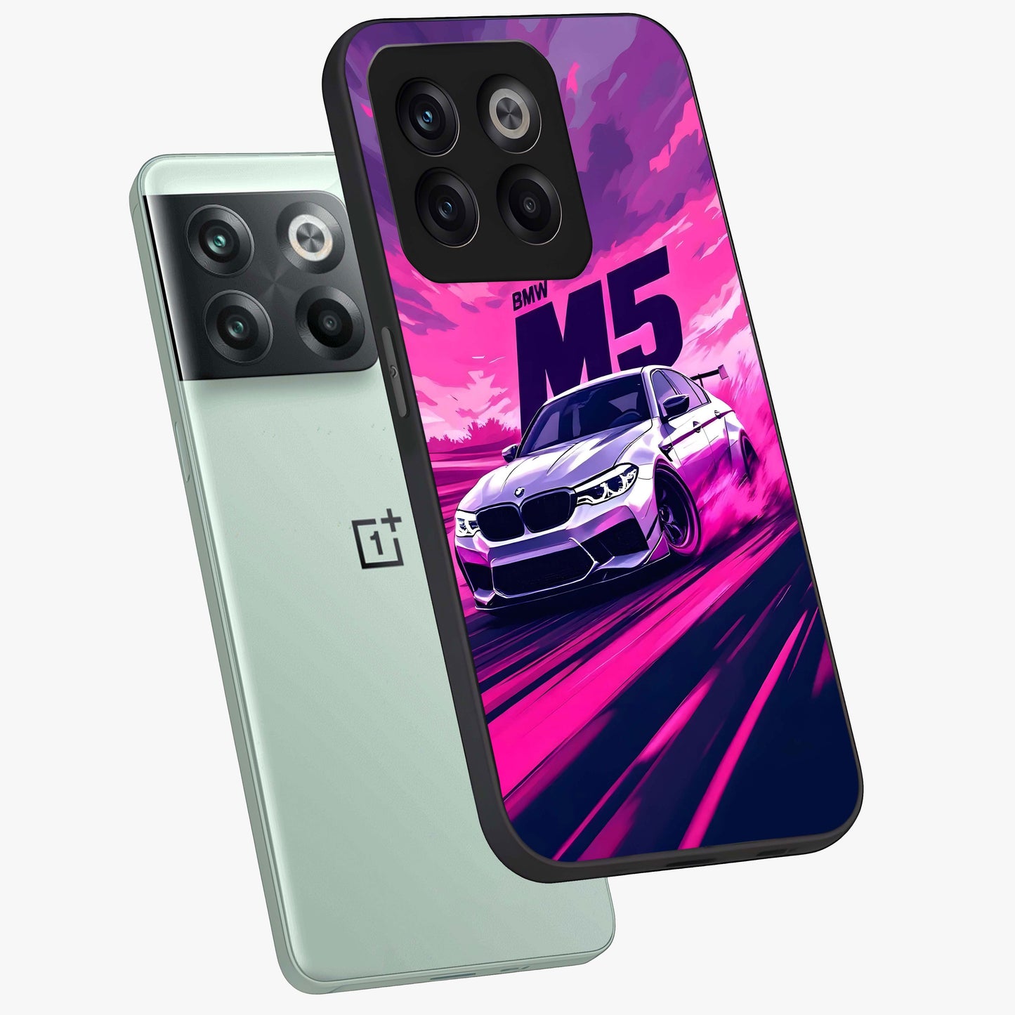 Velocity Drift Pulse Glass Case for 1+10T angled mockup showcasing glossy finish and bold speed gradients