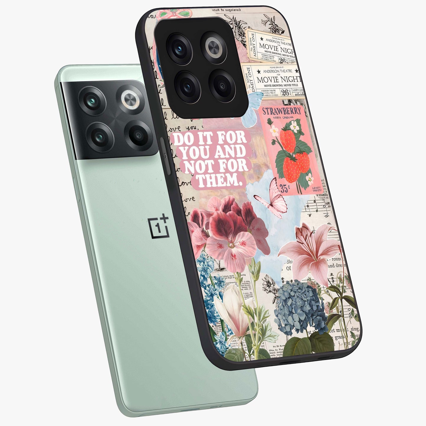 Whimsical Vintage Aesthetic Glass Case for 1+10T angled mockup showcasing glossy glass finish and soft nostalgic tones