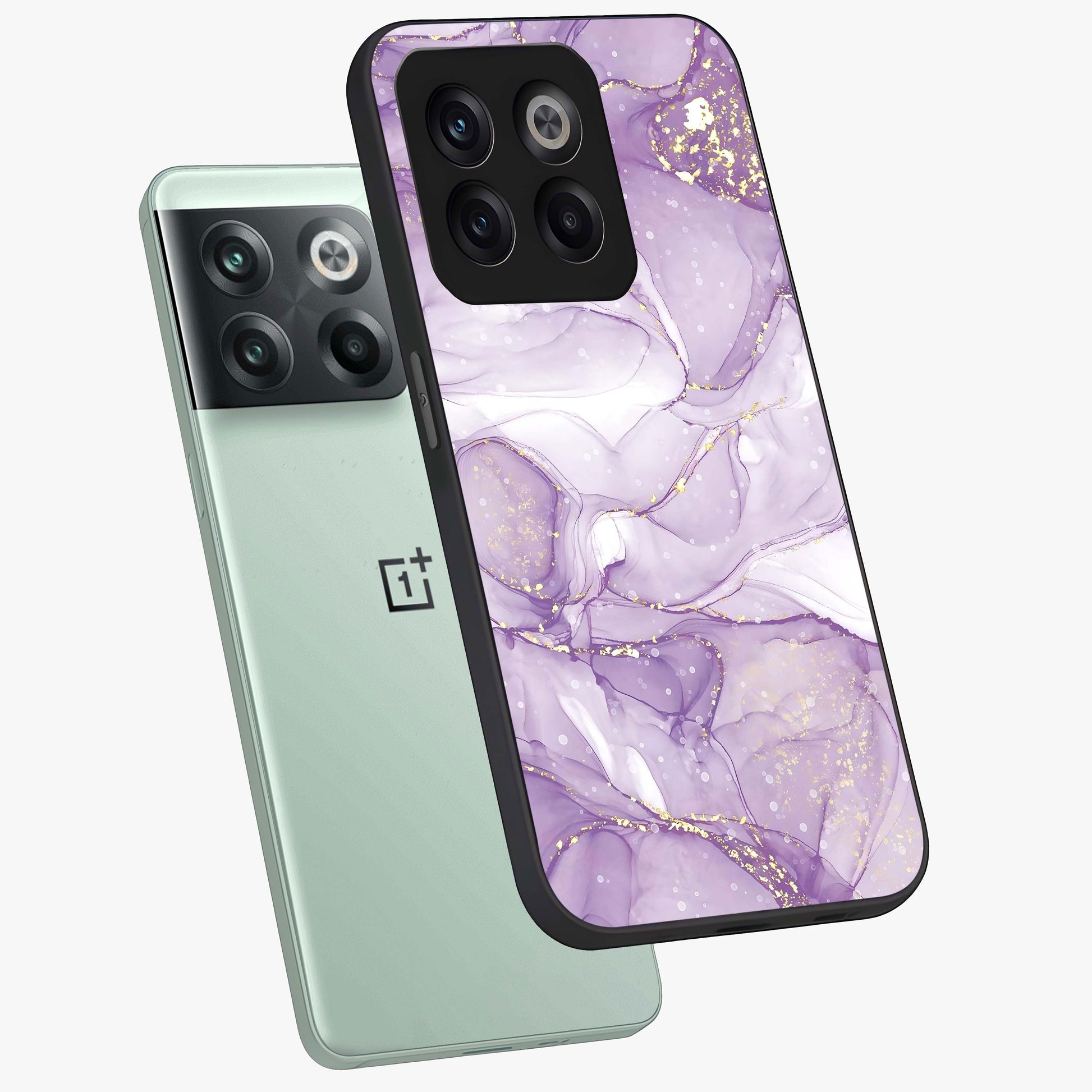 White and Purple Marble Glass Case for 1+10T angled mockup showcasing glossy finish and refined stone detailing