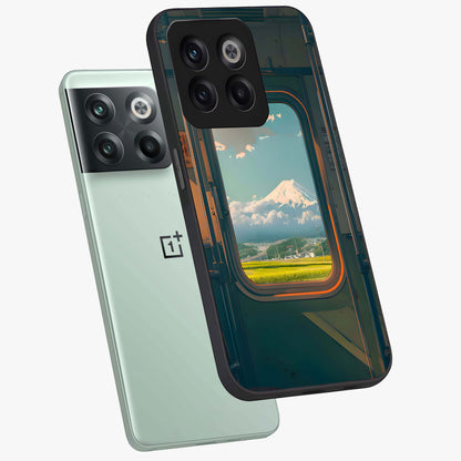 Window to Fuji Glass Case for 1+10T angled mockup showcasing glossy finish and serene landscape tones