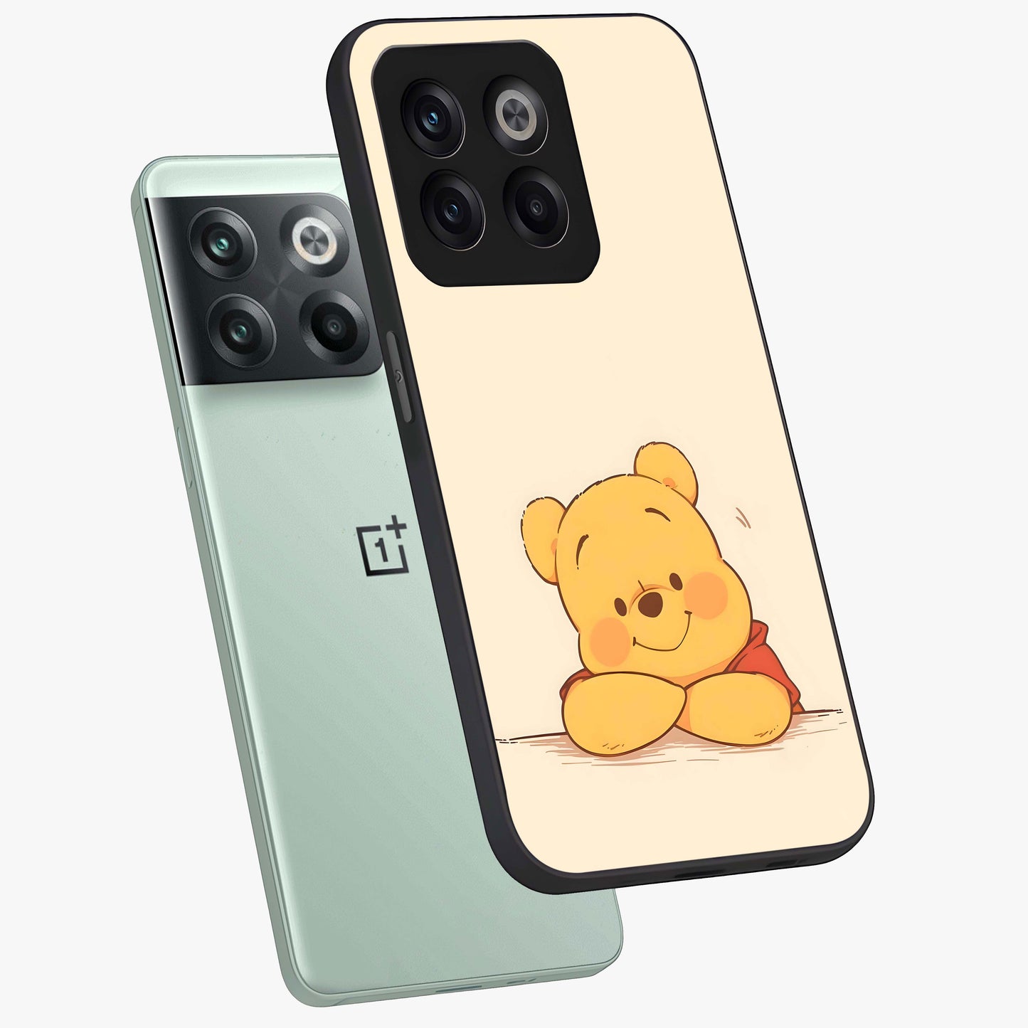 Winniethe Pooh Glass Case for 1+10T angled mockup showcasing glossy finish and soft playful tones