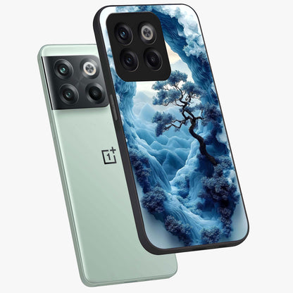 Winter Gate View Glass Case for 1+10T angled mockup showcasing glossy finish and cool winter gradients