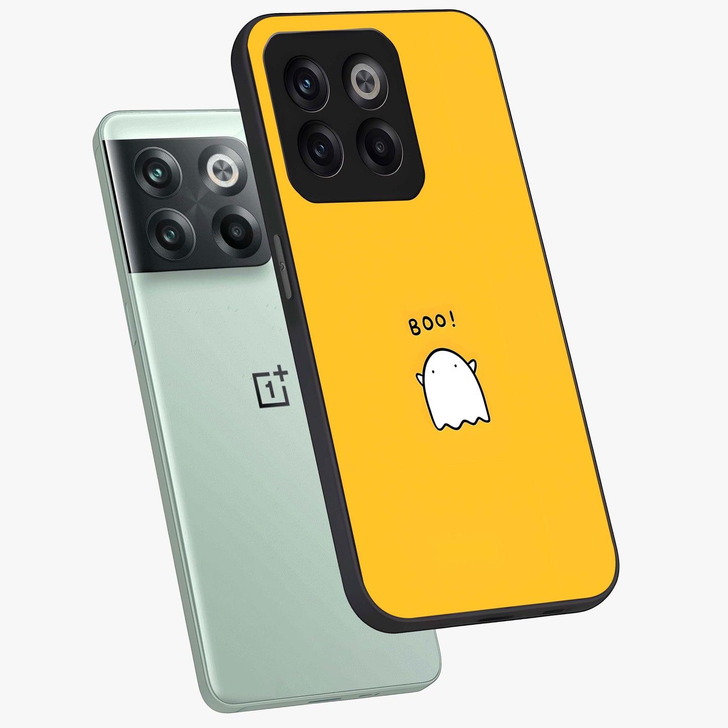 Yellow Boo Ghost Glass Case for 1+10T angled mockup showcasing glossy finish and fun animated detailing