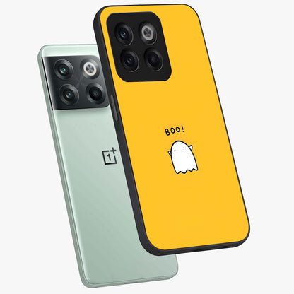 Yellow Boo Ghost Glass Case for 1+10T angled mockup showcasing glossy finish and fun animated detailing