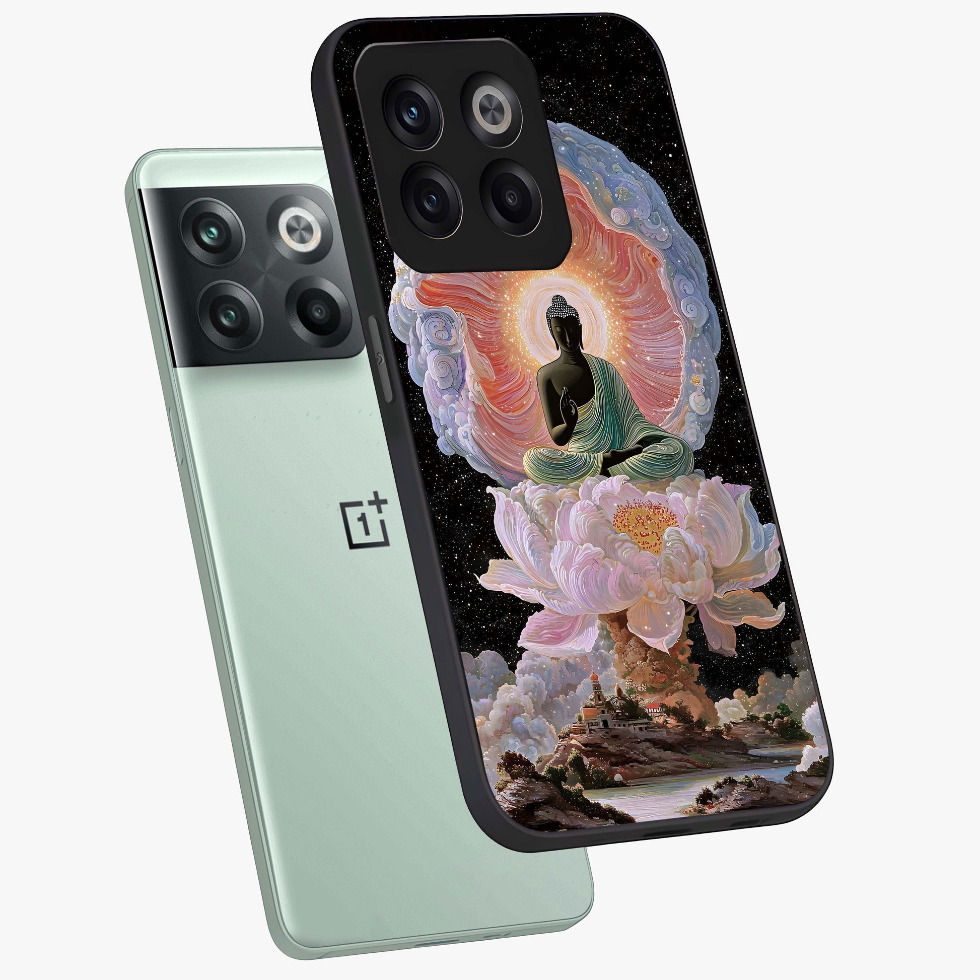 Zen Lotus Realm Glass Case for 1+10T angled mockup showcasing glossy finish and serene gradient detailing