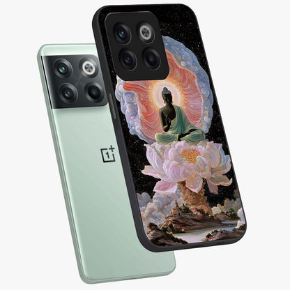 Zen Lotus Realm Glass Case for 1+10T angled mockup showcasing glossy finish and serene gradient detailing