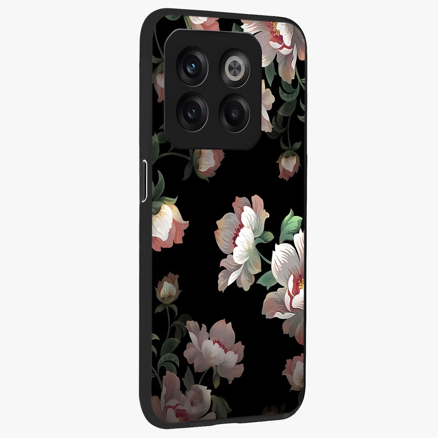 Abstract Embossed Blooming Bright Flower Glass Case for 1+10T side perspective highlighting bright embossed flower texture