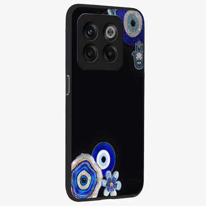 Aesthetic Blue Evil Eye Glass Case for 1+10T side perspective highlighting bold blue evil eye detailing