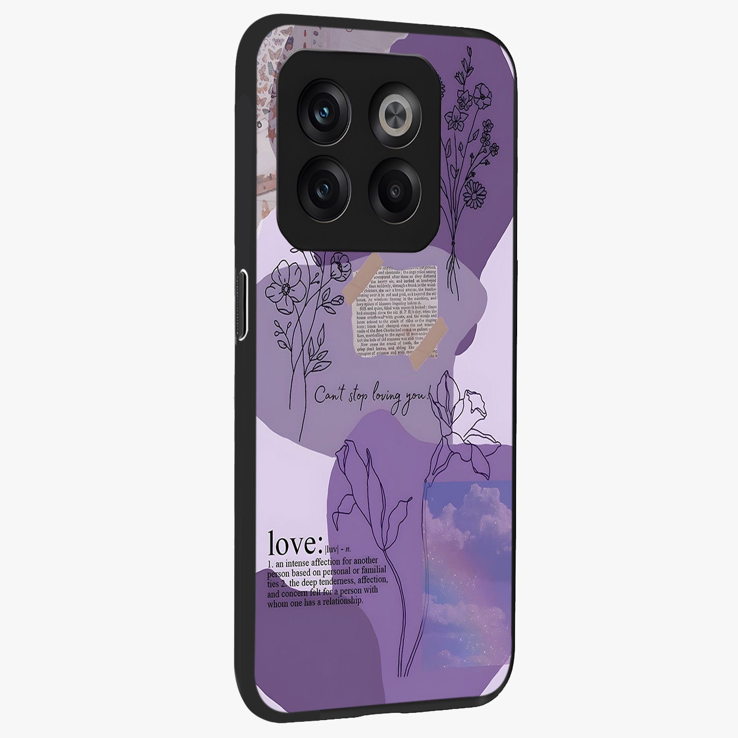 Aesthetic Love With Flower Glass Case for 1+10T side perspective highlighting delicate flower illustration details