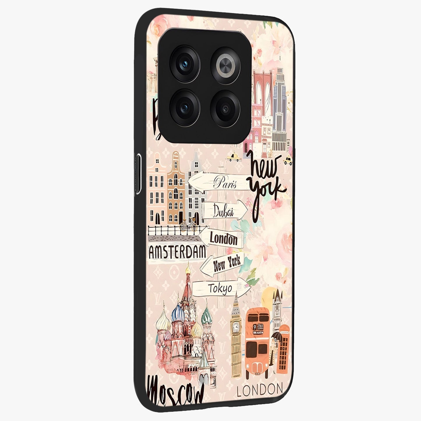 Aesthetic Travel Glass Case for 1+10T side perspective highlighting bold travel graphic details