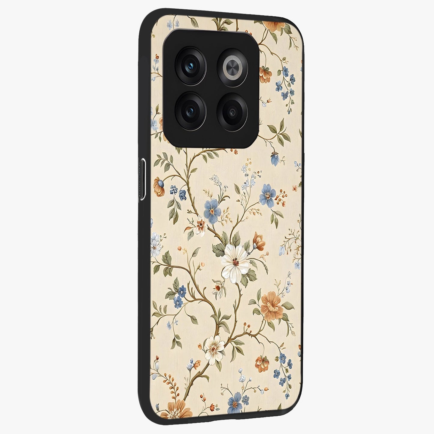 Beige Vintage Flower Glass Case for 1+10T side perspective highlighting subtle tones and premium floral detailing