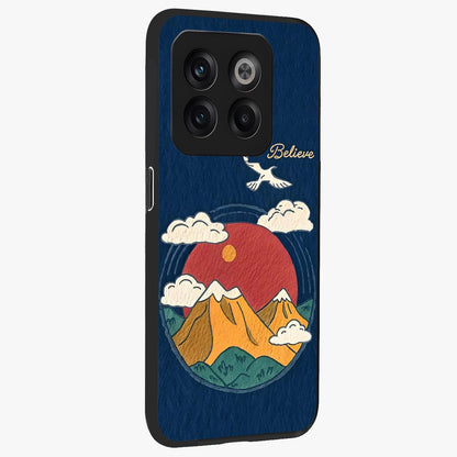 Believe Sky Escape Glass Case for 1+10T side perspective highlighting motivational typography and smooth edges