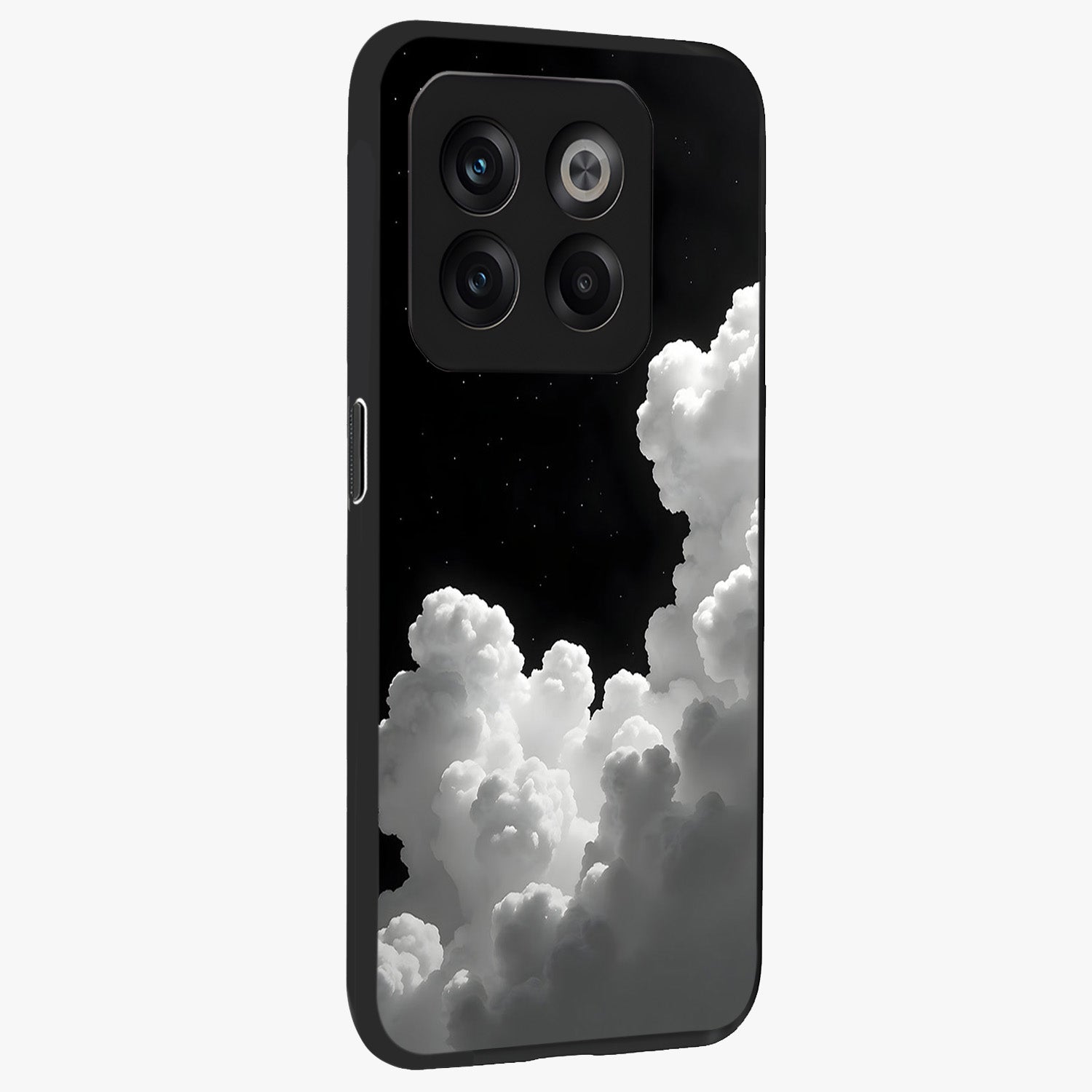 Black Background With White Cloud Glass Case for 1+10T side perspective highlighting smooth edges and minimalist sky theme