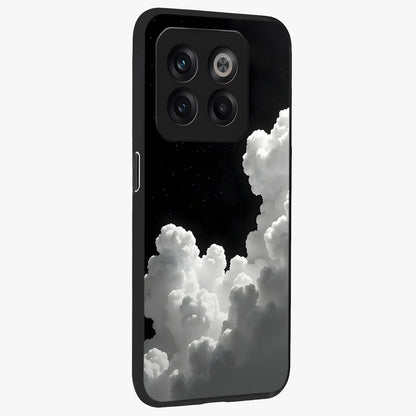 Black Background With White Cloud Glass Case for 1+10T side perspective highlighting smooth edges and minimalist sky theme