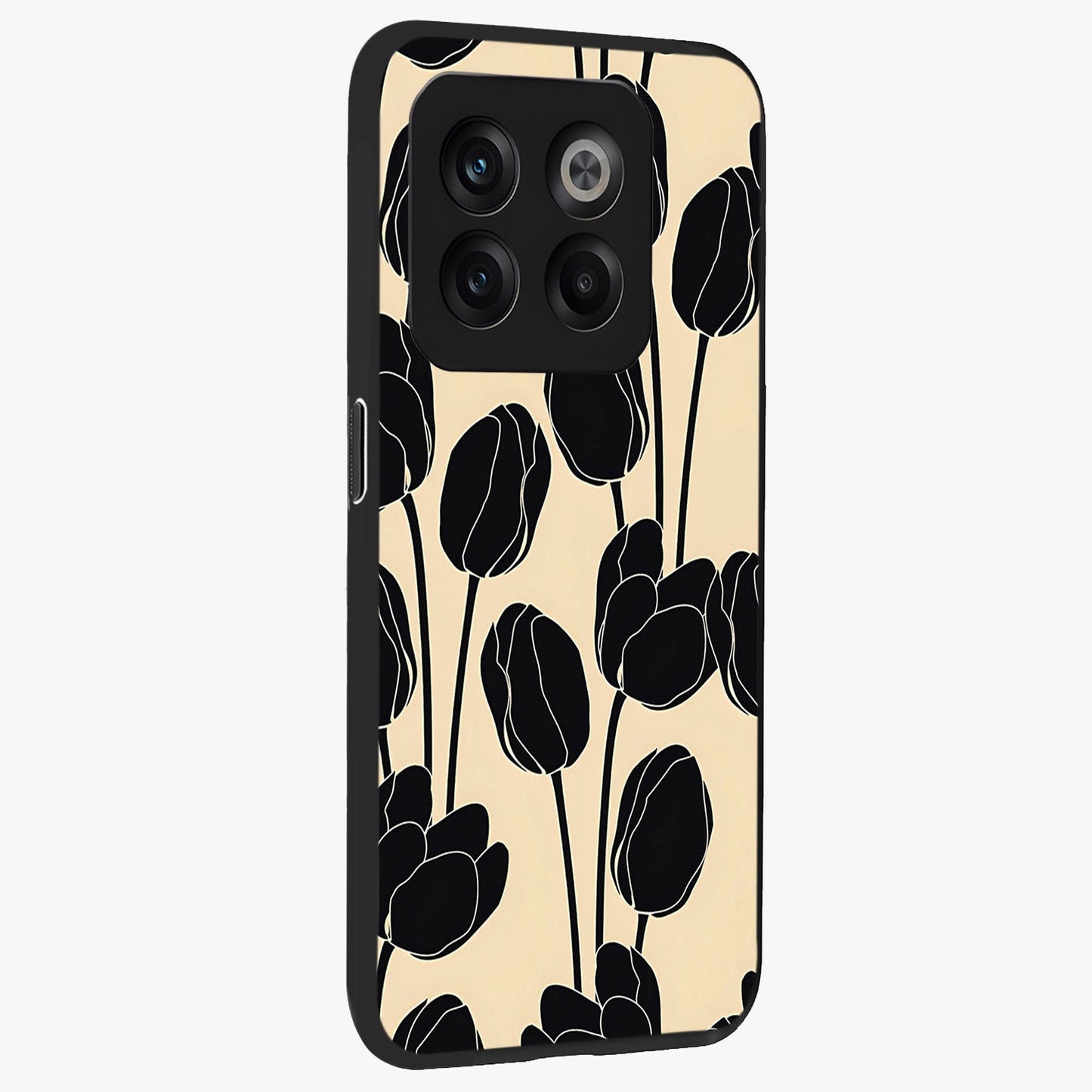 Black Designer Tulip Glass Case for 1+10T side perspective highlighting bold contrast and stylish tulip illustration