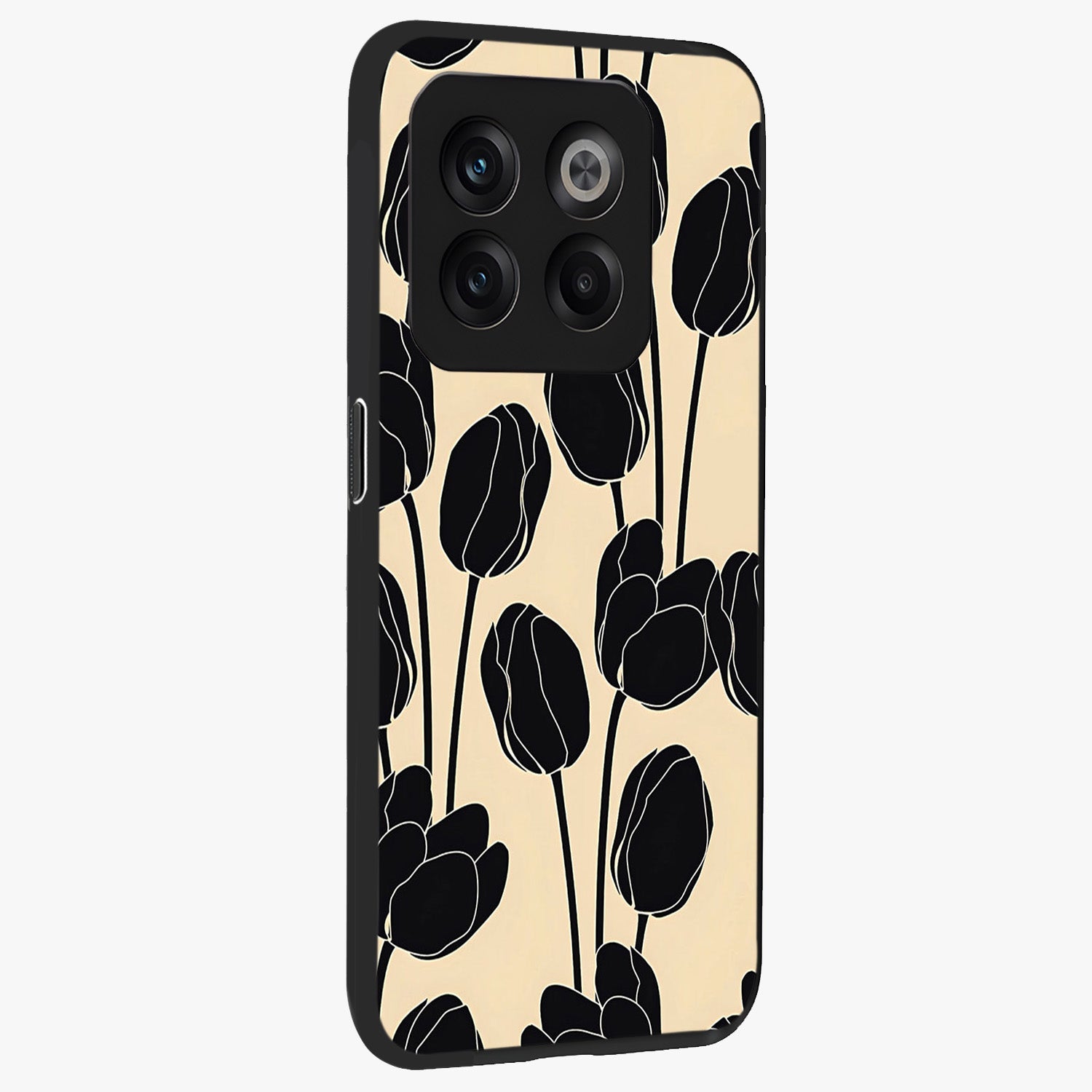 Black Designer Tulip Glass Case for 1+10T side perspective highlighting bold contrast and stylish tulip illustration