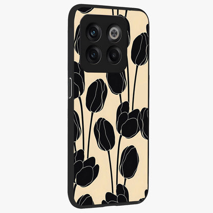 Black Designer Tulip Glass Case for 1+10T side perspective highlighting bold contrast and stylish tulip illustration