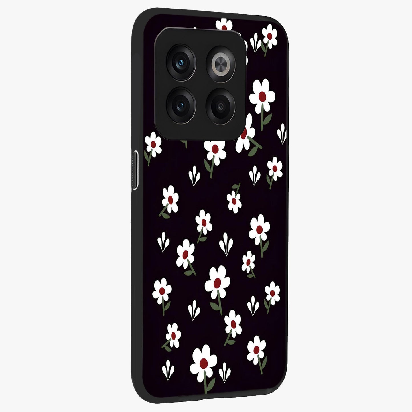 Black Prints Daisy Flower Pattern Glass Case for 1+10T side perspective highlighting delicate daisy details and smooth edges