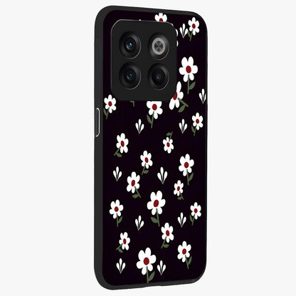 Black Prints Daisy Flower Pattern Glass Case for 1+10T side perspective highlighting delicate daisy details and smooth edges