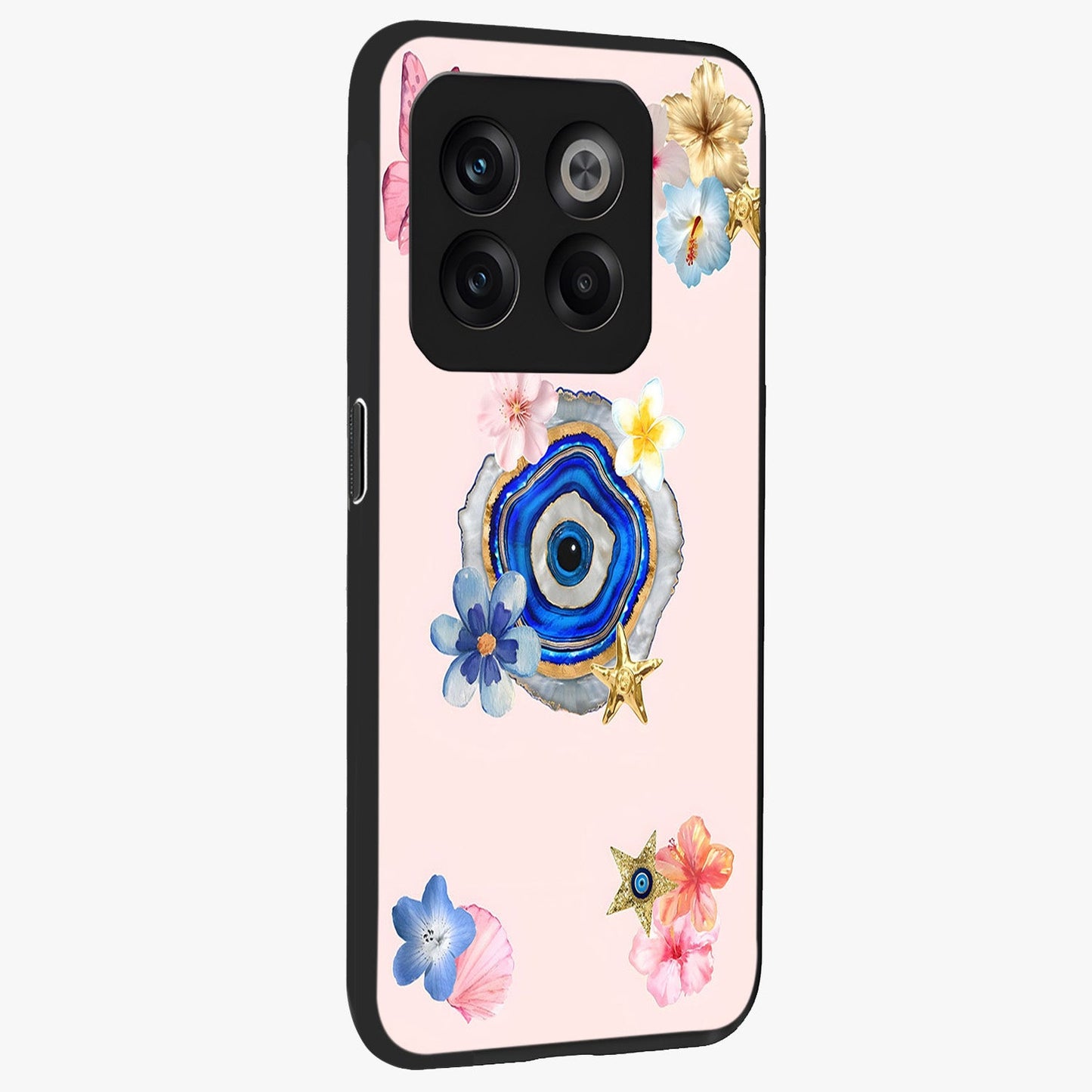 Blossom Evil Charm Glass Case for 1+10T side perspective highlighting delicate blossom detailing and bold symbol contrast