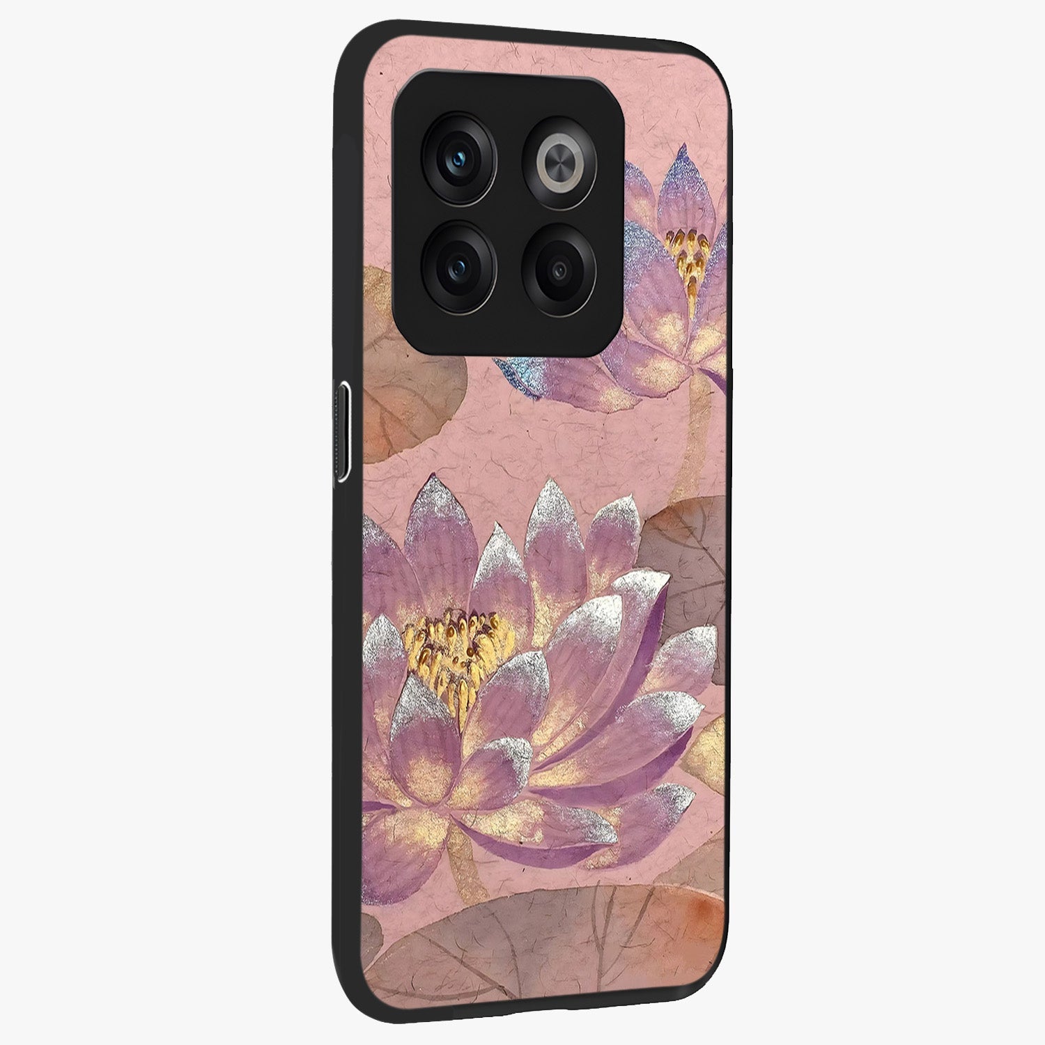 Blossom Mist Lotus Glass Case for 1+10T side perspective highlighting elegant lotus illustration and premium build