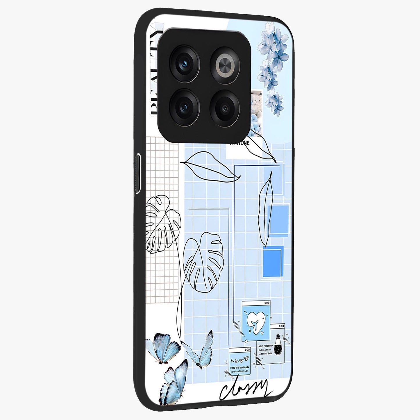 Blue Aesthetic Flower Glass Case for 1+10T side perspective highlighting calming blue tones and premium detailing