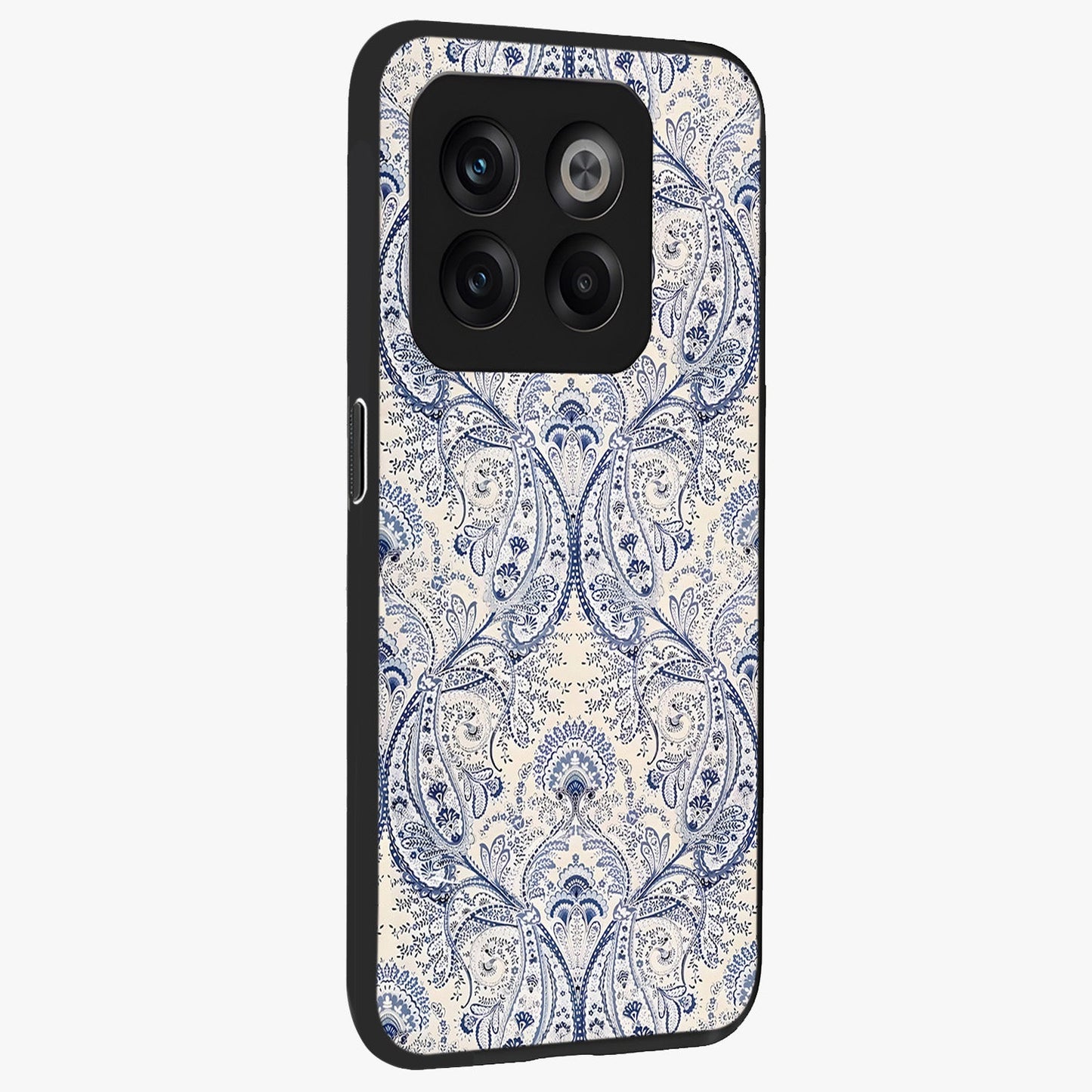 Blue Paisley Bloom Glass Case for 1+10T side perspective highlighting elegant paisley textures and premium build