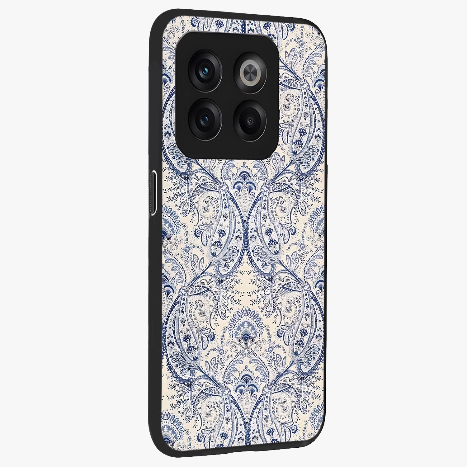 Blue Paisley Bloom Glass Case for 1+10T side perspective highlighting elegant paisley textures and premium build