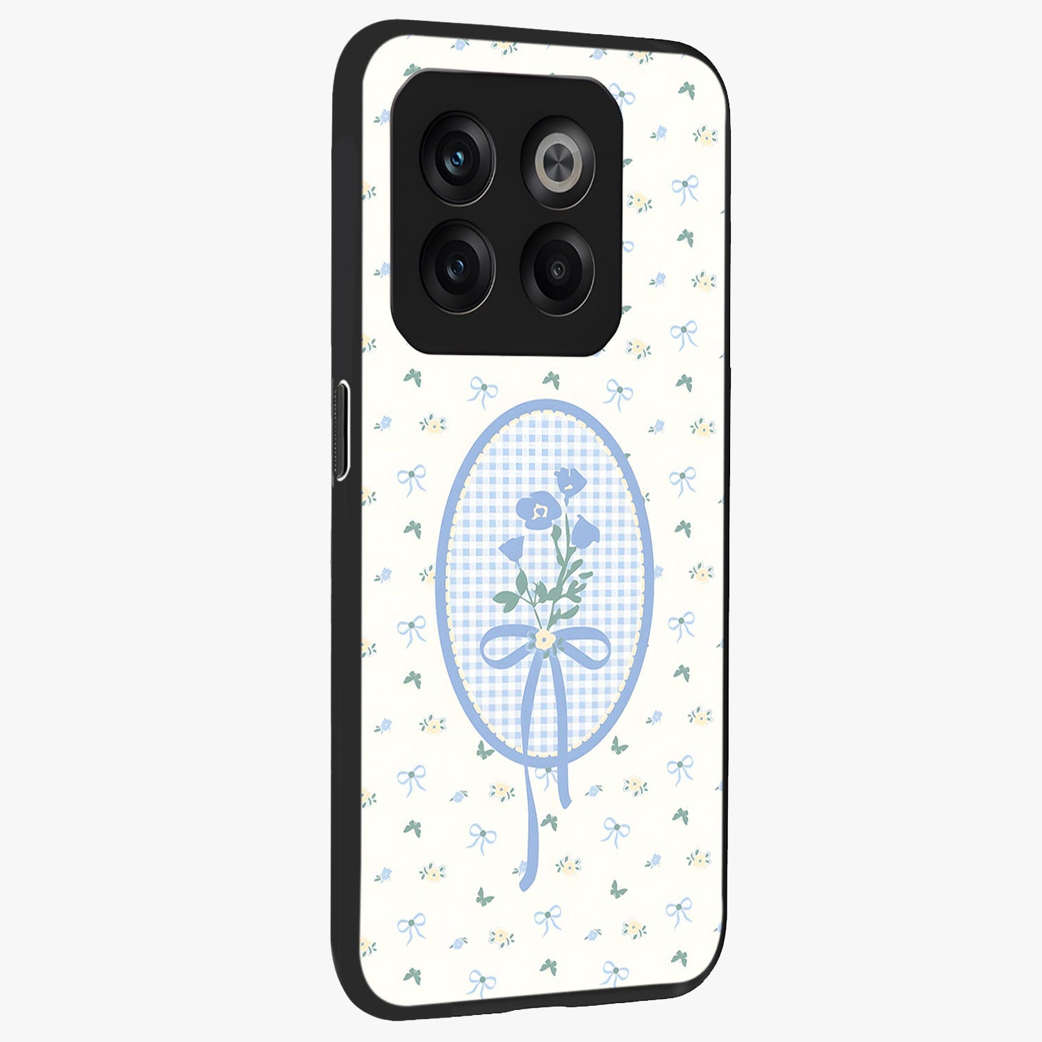 Blue Ribbon Bloom Glass Case for 1+10T side perspective highlighting graceful floral design and premium edges