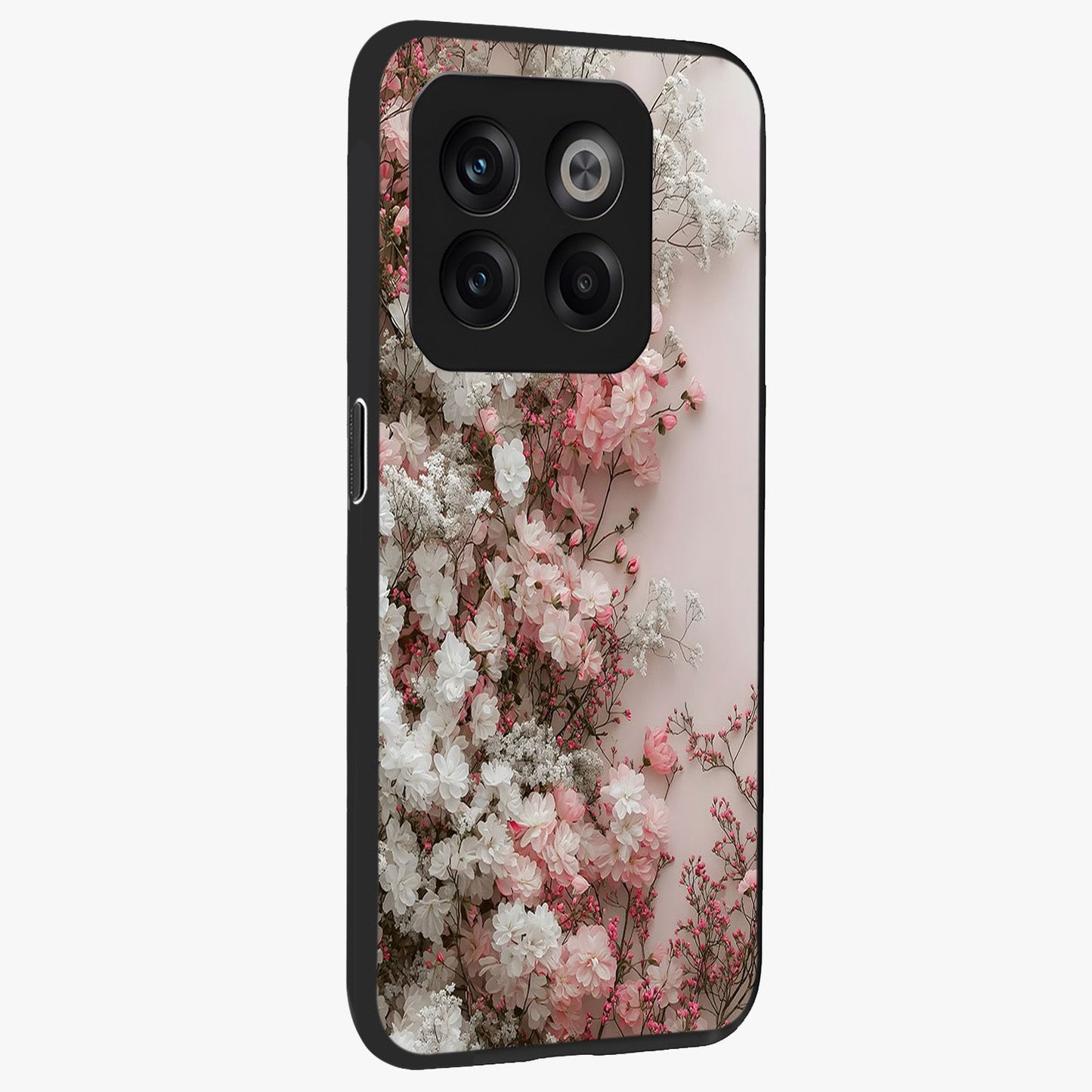 Blush Blossom Cloud Glass Case for 1+10T side perspective highlighting airy blush detailing and premium build