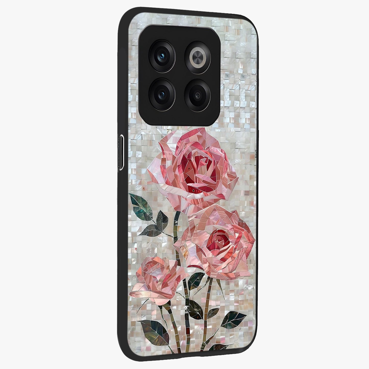 Blush Luxe Bloom Glass Case for 1+10T side perspective highlighting elegant floral textures and sleek edges