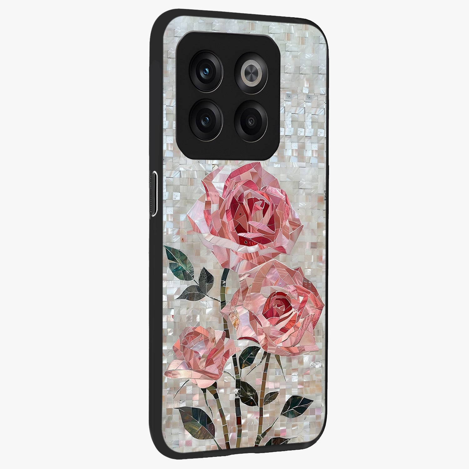 Blush Luxe Bloom Glass Case for 1+10T side perspective highlighting elegant floral textures and sleek edges