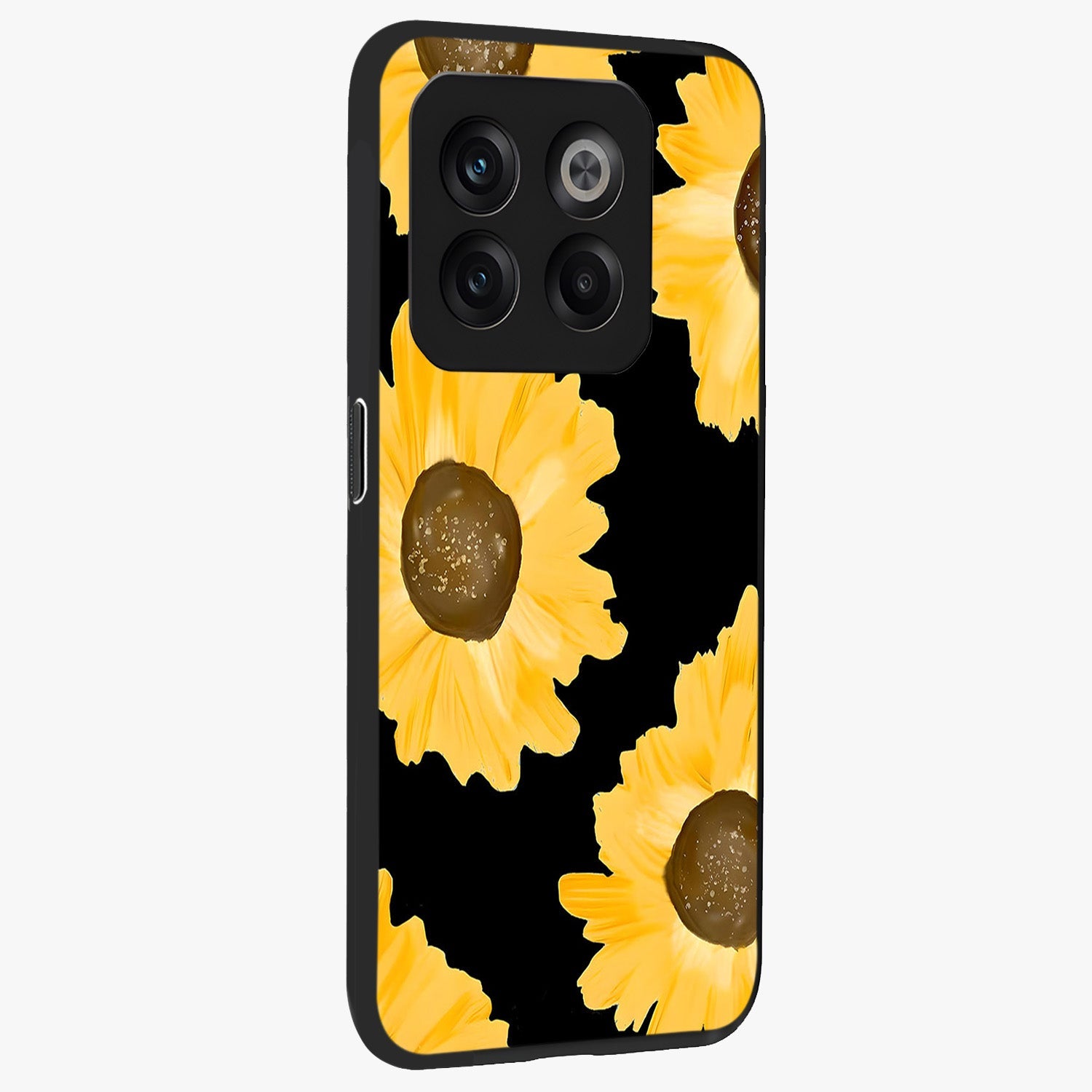 Bold Sunflowers Glow Glass Case for 1+10T side perspective highlighting rich yellow hues and premium edge finish