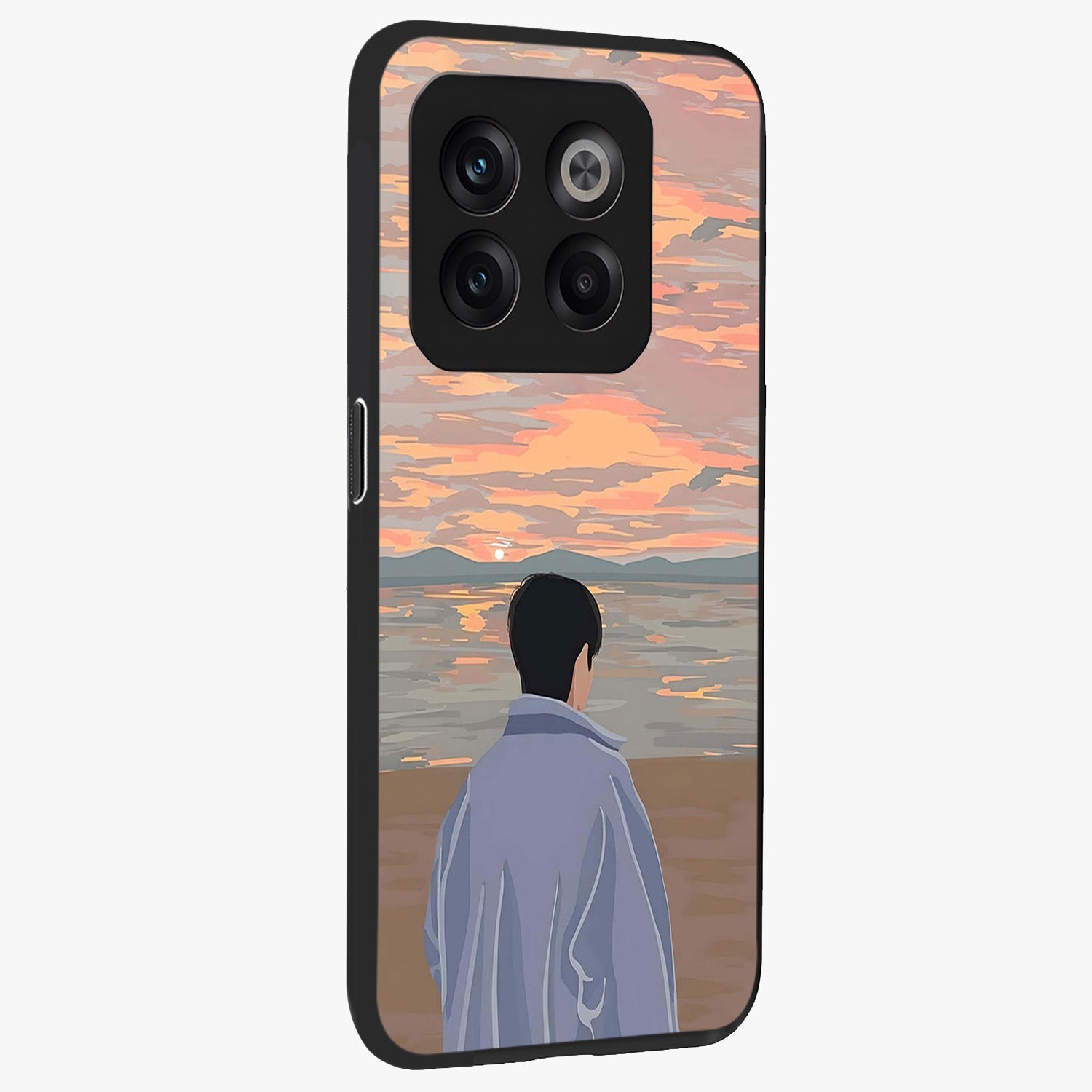 Boy Facing Sunset Beach Glass Case for 1+10T side perspective highlighting calming sunset gradients and smooth edges