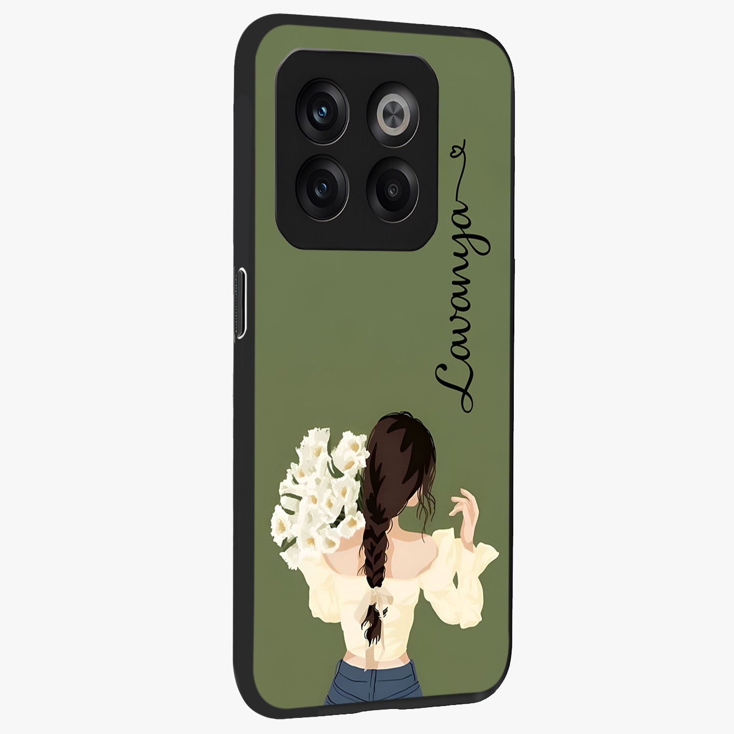 Braided Spring Beauty With Custom Name Glass Case for 1+10T side perspective highlighting custom name typography and smooth edges