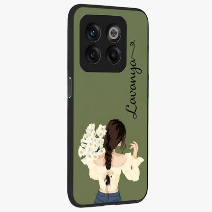 Braided Spring Beauty With Custom Name Glass Case for 1+10T side perspective highlighting custom name typography and smooth edges