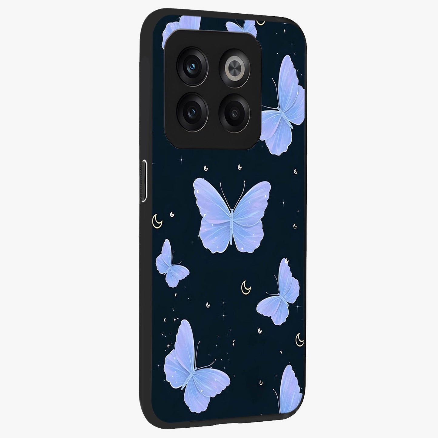Butterfly With Stars Pattern Glass Case for 1+10T side perspective highlighting glowing star details and premium edges