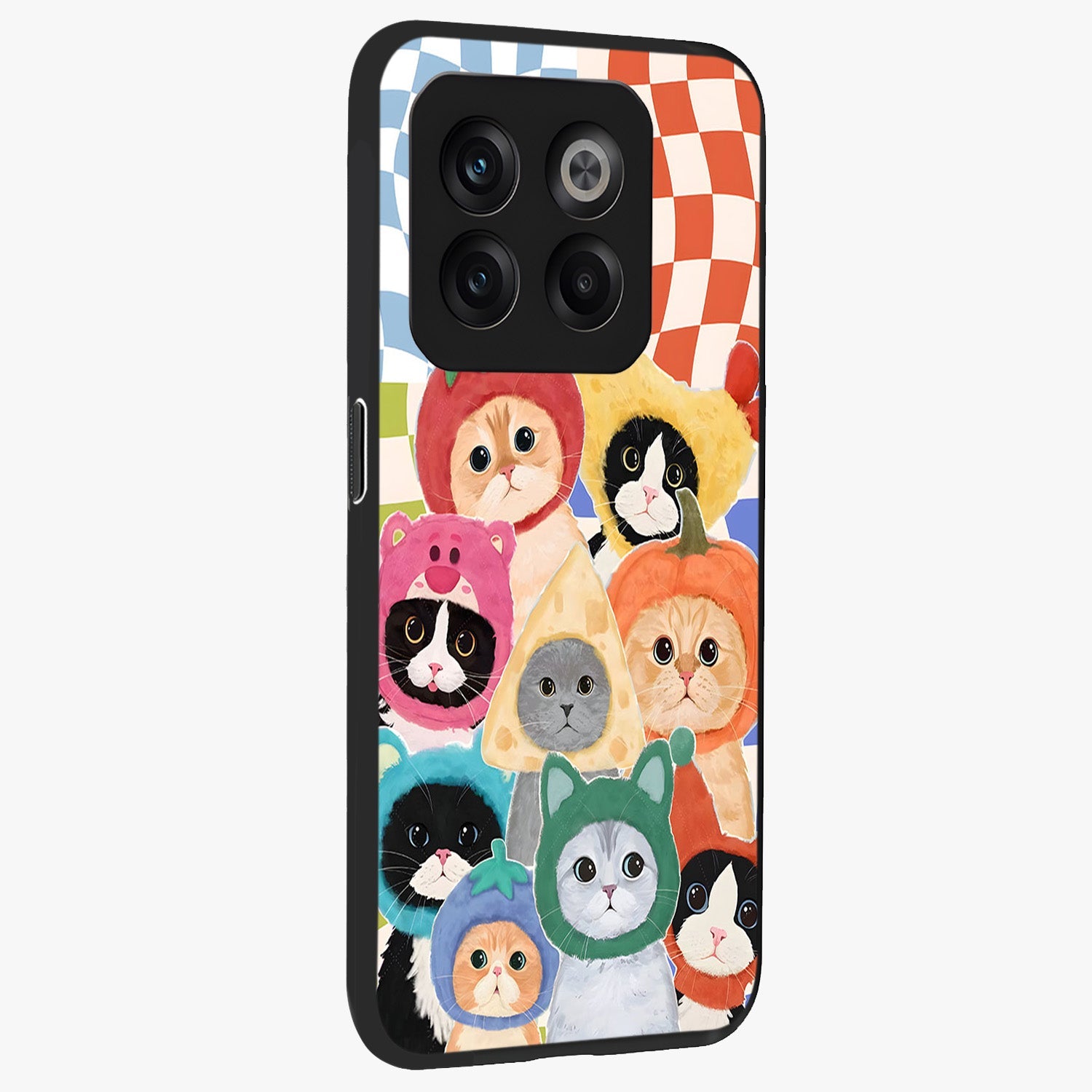 Cats in Fruits Glass Case for 1+10T side perspective highlighting fun detailing and premium smooth edges