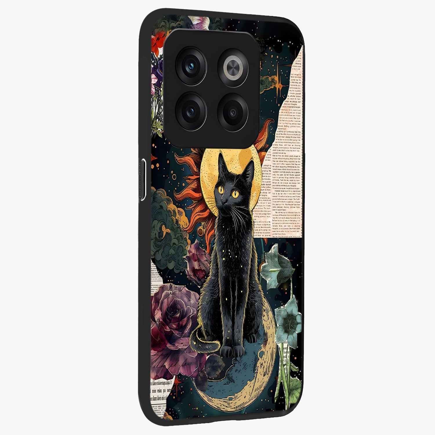 Celestial Black Cat Glass Case for 1+10T side perspective highlighting dark cosmic tones and premium edges