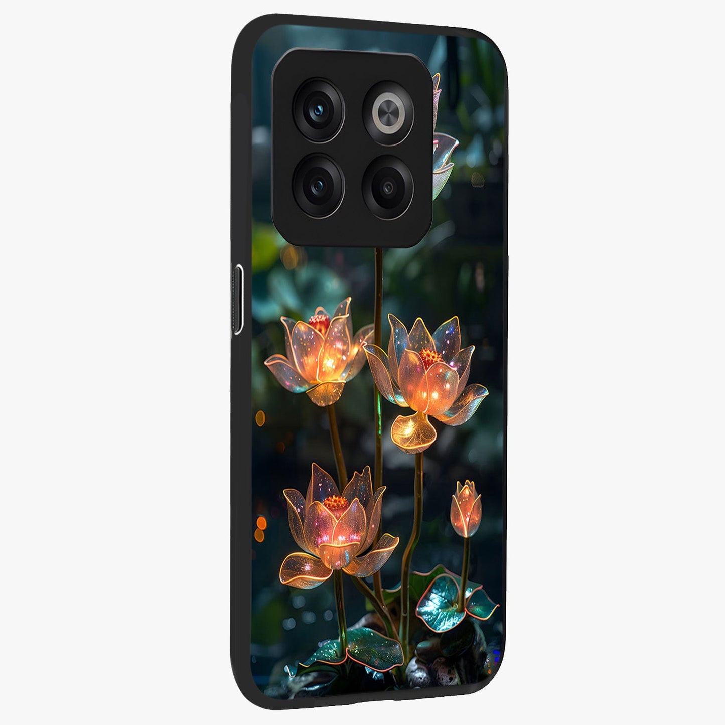 Celestial Lotus Light Glass Case for 1+10T side perspective highlighting delicate lotus detailing and premium finish