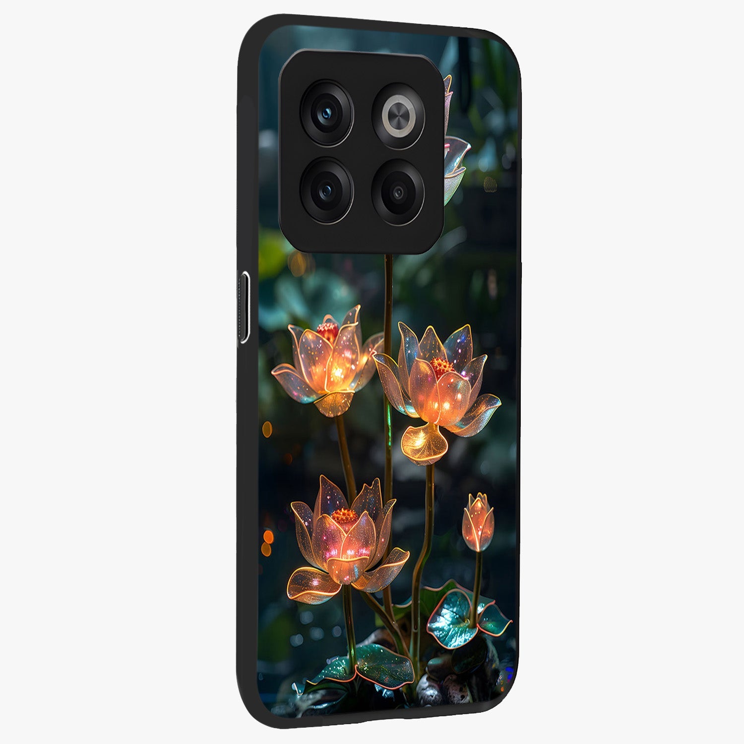 Celestial Lotus Light Glass Case for 1+10T side perspective highlighting delicate lotus detailing and premium finish