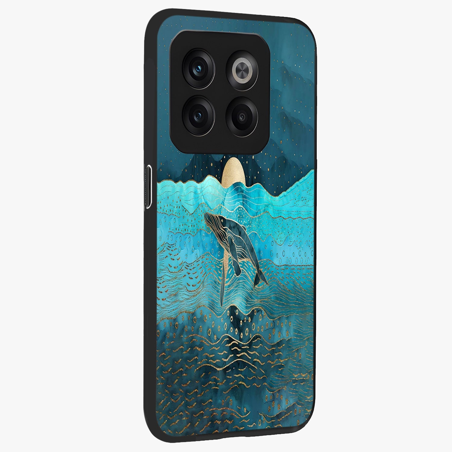 Celestial Whale Voyage Glass Case for 1+10T side perspective highlighting flowing whale illustration and premium detailing