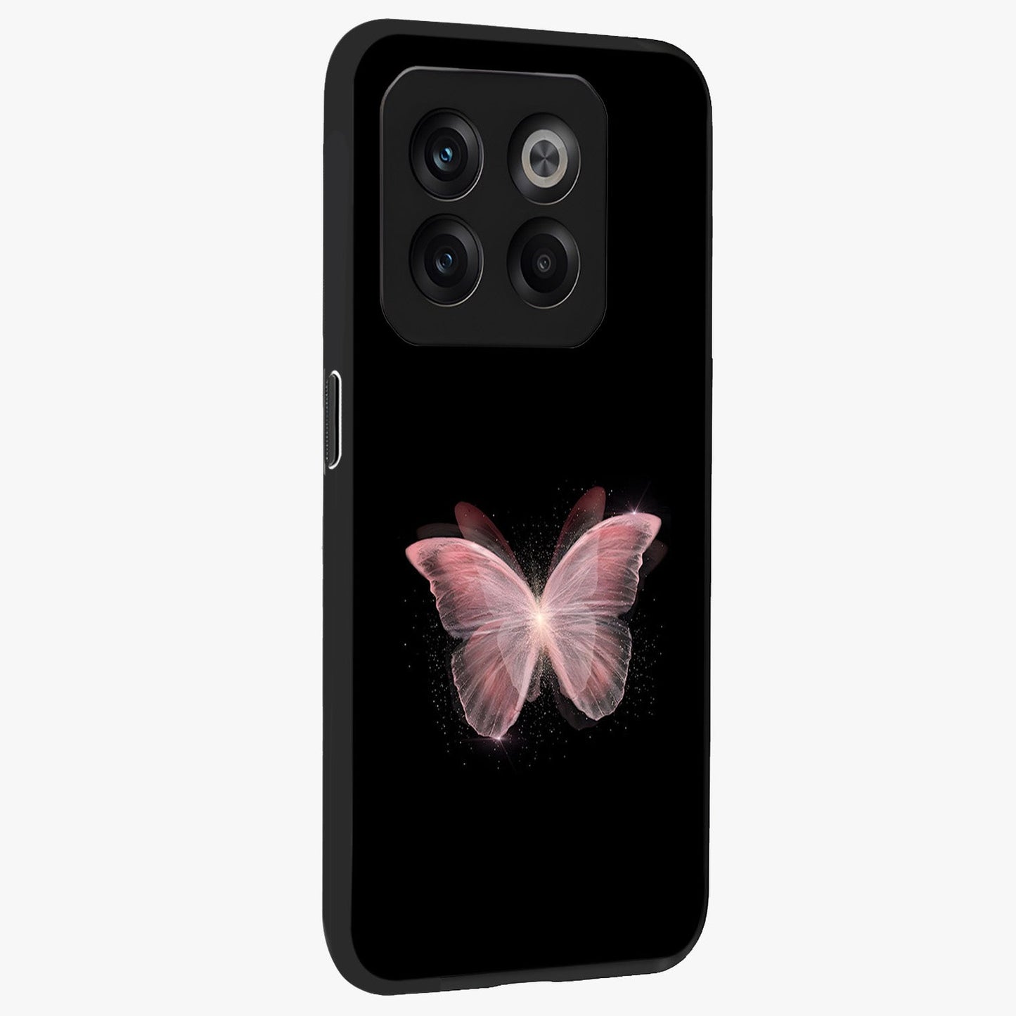 Celestial Wings Butterfly Glass Case for 1+10T side perspective highlighting intricate butterfly textures and smooth edges