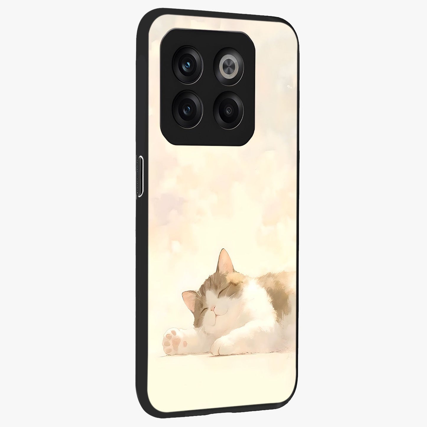 Cloud Nap Cat Glass Case for 1+10T side perspective highlighting charming feline details and premium edge finish