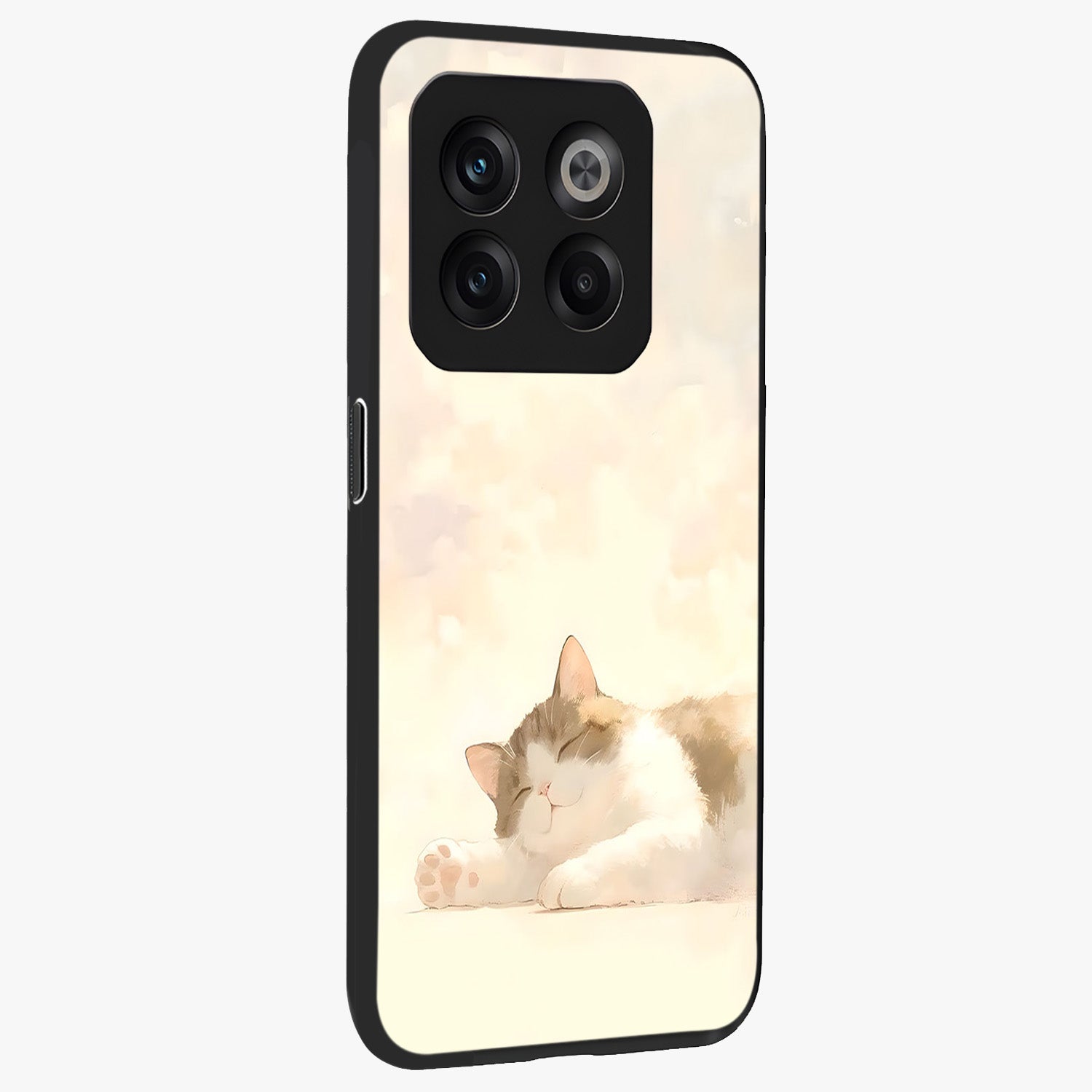 Cloud Nap Cat Glass Case for 1+10T side perspective highlighting charming feline details and premium edge finish
