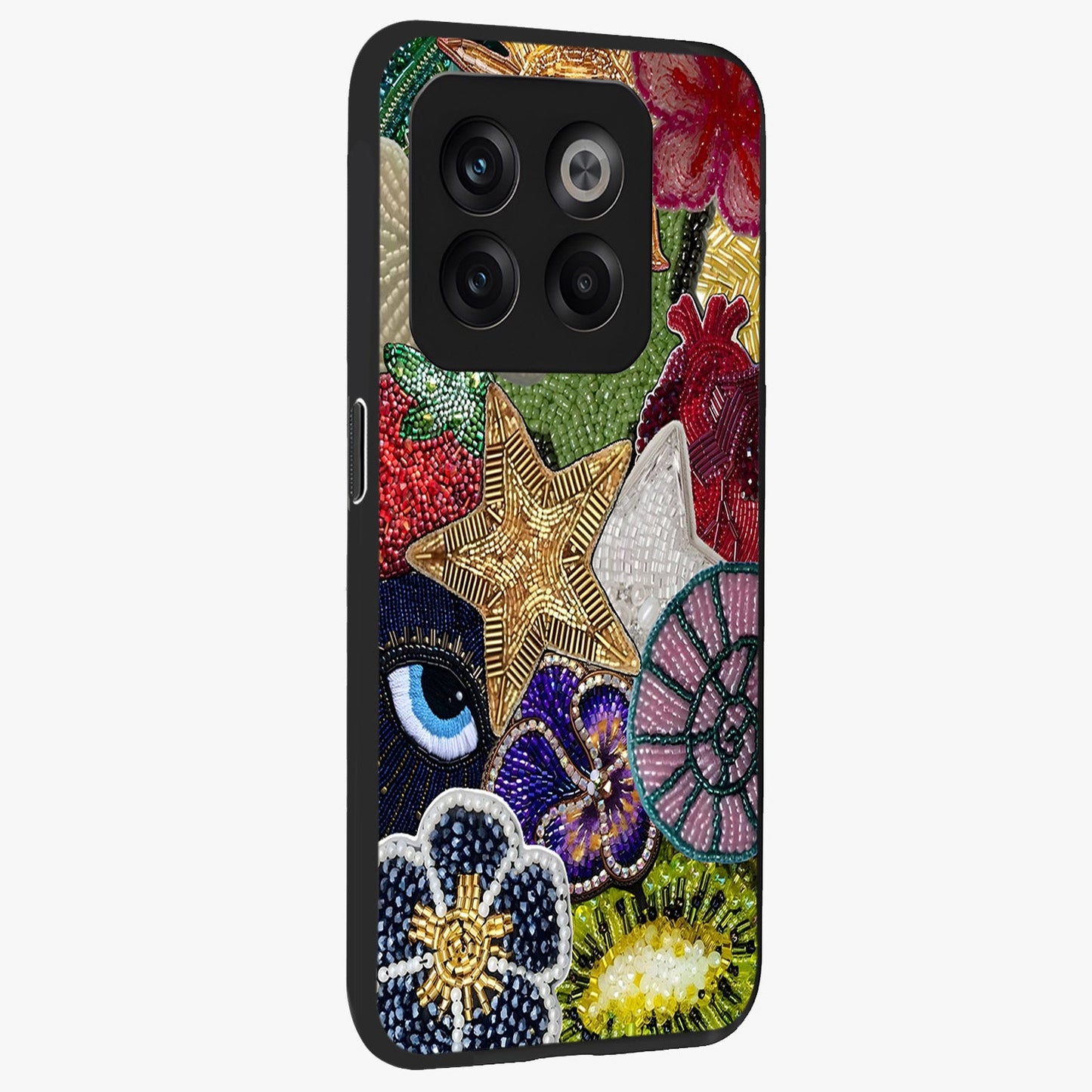 Cosmic Charm Shine Glass Case for 1+10T side perspective highlighting luminous detailing and sleek edge design