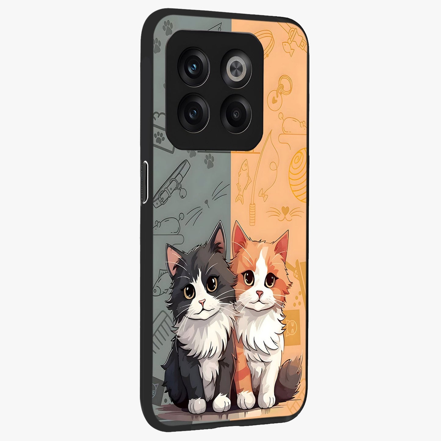 Cozy Cat Duo Glass Case for 1+10T side perspective highlighting playful cat detailing and sleek edges